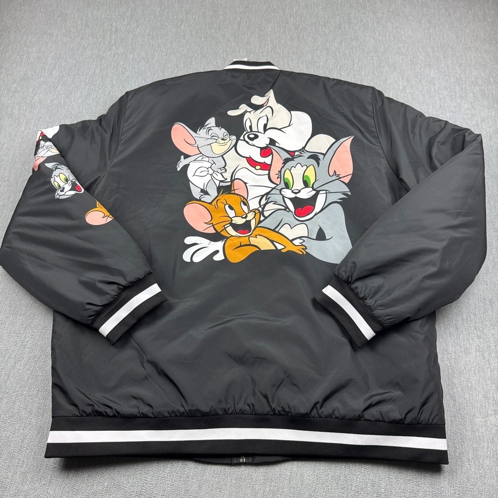 Warner Bros Tom & Jerry Varsity Jacket Mens Large Black Lightweight Graphic Coat
